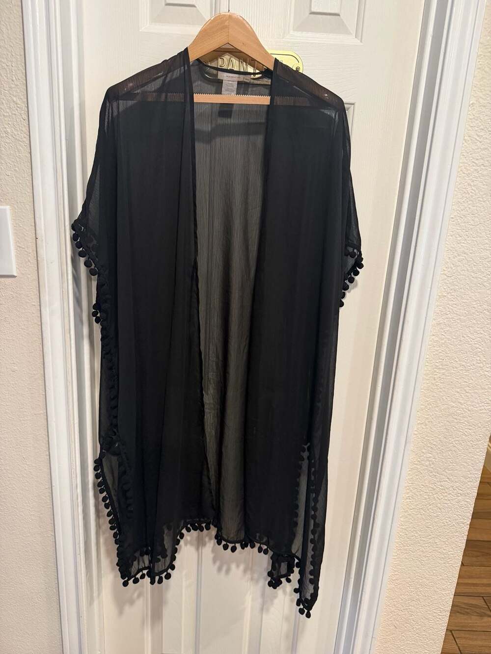 Black Sheer Kimono One Size Pom Pom Trim Open Front Boho Beach Cover Up